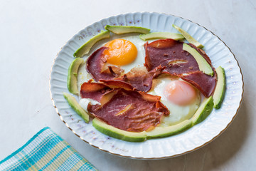 Fried Egg with Bacon Pastirma / Pastrami and Avocado Slices for Breakfast.