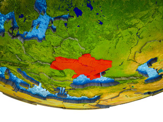 Ukraine on 3D Earth with divided countries and watery oceans.