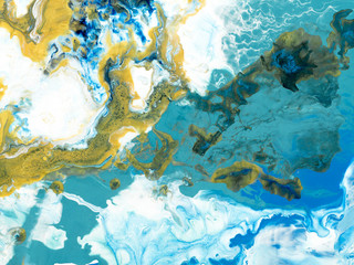Blue and gold creative abstract hand painted background, marble texture