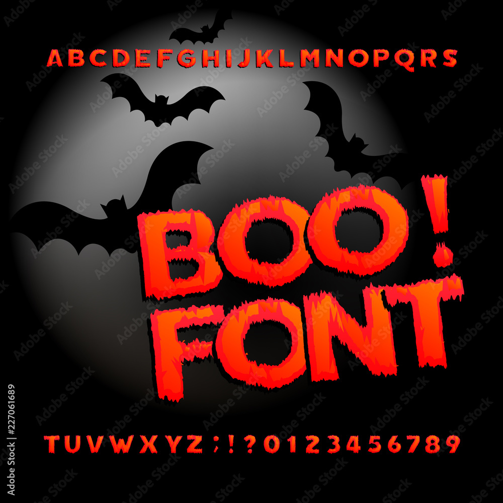Fototapete boo alphabet font. brush stroke distorted letters and numbers. vector hand drawn typography for your