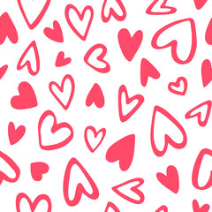 Cute uneven doodle style hearts seamless repeat vector pattern. Valentine's Day handmade background. Marker, pen drawn different heart shapes and silhouettes. Hand drawn ornamentation.