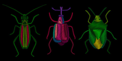 Embroidered beetle set stylized texture of embroidery, imitation of ornamental satin stitch. Vector pattern for printing on fabric, clothes, t-shirt. 