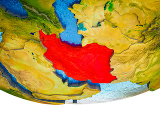 Iran on 3D Earth with divided countries and watery oceans.