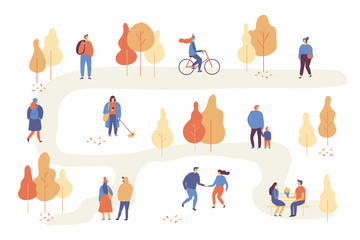 Different People in warm clothes having fun outdoors in urban park. Colorful Autumn park flat vector illustration.