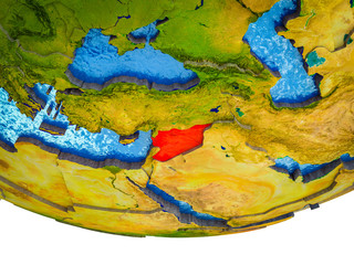 Syria on 3D Earth with divided countries and watery oceans.