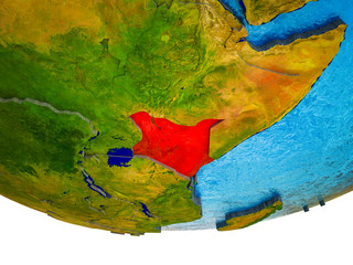 Kenya on 3D Earth with divided countries and watery oceans.
