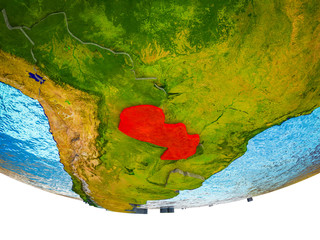 Paraguay on 3D Earth with divided countries and watery oceans.