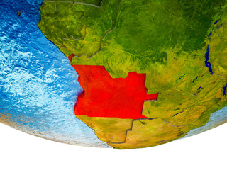 Angola on 3D Earth with divided countries and watery oceans.