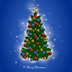 Blaue Weihnachtskarte mit geschmücktem Christbaum und “Merry Christmas / Vektor