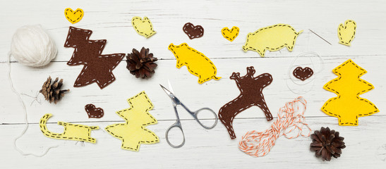 Christmas, Happy New Year pattern 2019. Yellow pig hand craft.