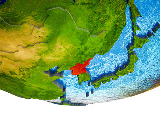 North Korea on 3D Earth with divided countries and watery oceans.