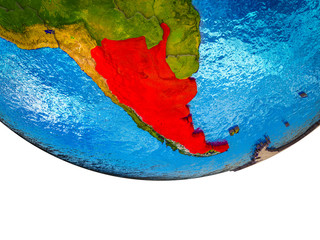 Argentina on 3D Earth with divided countries and watery oceans.