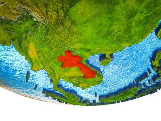 Laos on 3D Earth with divided countries and watery oceans.