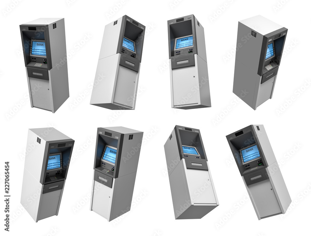Aufkleber 3d rendering of many modern bank atm machines flying on a white background in different views.
