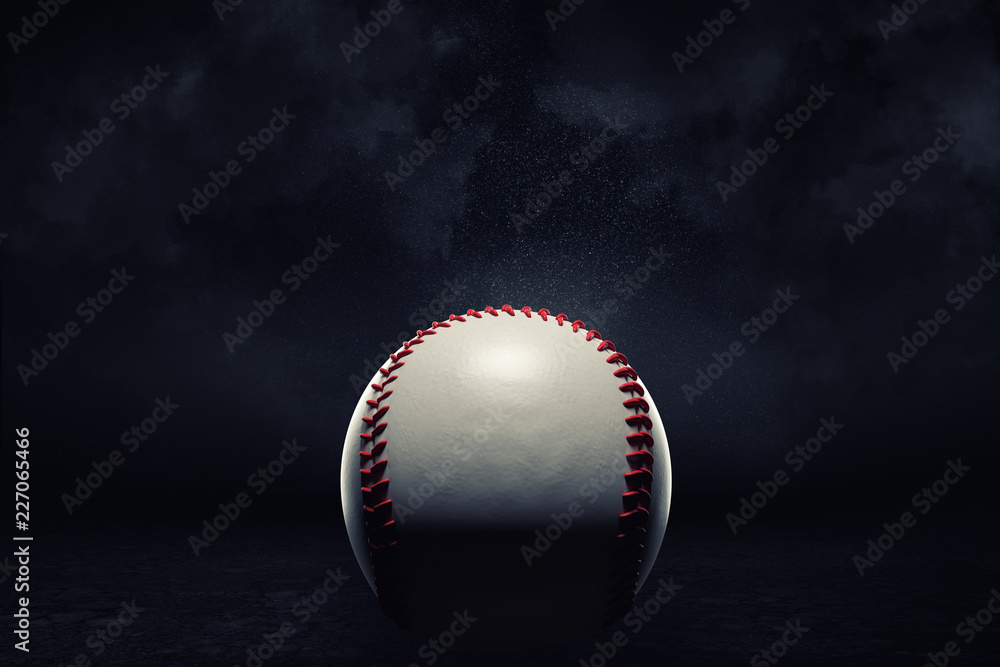 Poster 3d rendering of a single baseball ball in a close view under a spotlight on a dark background.