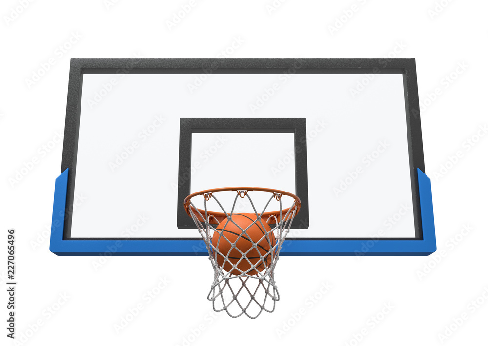 Poster 3d rendering of a basketball ball falling inside a basket attached to a transparent backboard.