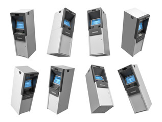 3d rendering of many modern bank ATM machines flying on a white background in different views.