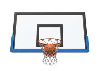 3d rendering of a basketball ball falling inside a basket attached to a transparent backboard.