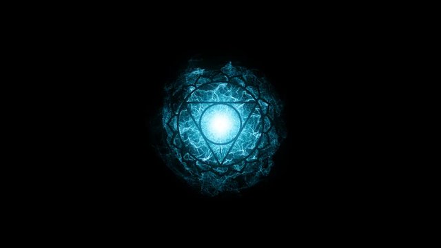 Animated chakra Vishuddha. The fifth symbol. 10 petals of lotus in the stroke. Isotherics. Yoga icon. Om sign