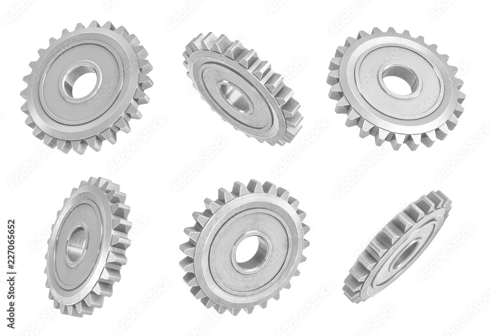 Poster 3d rendering of several metal spur gears hanging in different angles on a white background.