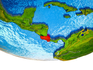 Costa Rica on 3D Earth with divided countries and watery oceans.