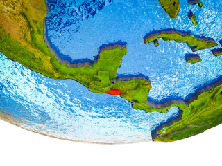 El Salvador on 3D Earth with divided countries and watery oceans.