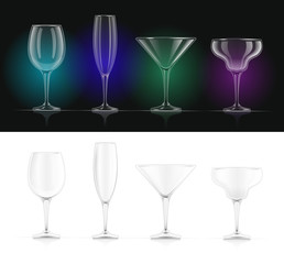 Wine, champagne, martini, margarita cocktail glasses. Alcohol