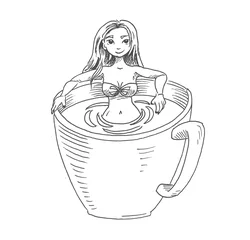 Fototapeten Koffie illustratie - stripfiguur wordt wakker on een kop koffie bad © emieldelange