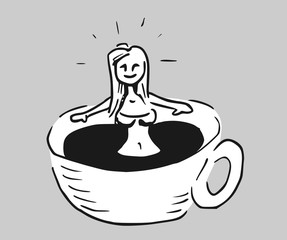 Cartoon karakter neemt bad in een mok met koffie