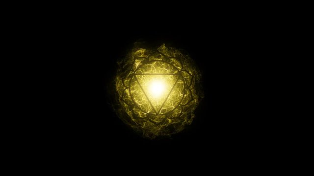 Animated chakra Manipura. The third symbol is gold. 10 petals of lotus in the stroke. Isotherics. Yoga icon. Om sign
