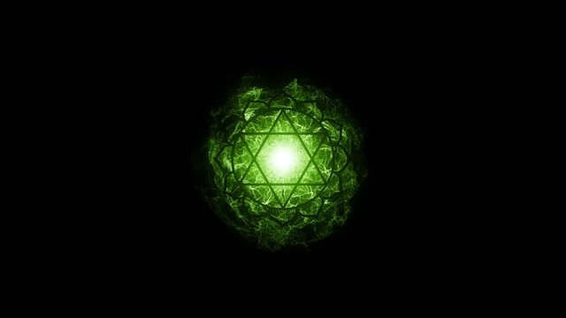 Animated chakra Anahata. The fourth symbol is green. 12 petals of lotus in the stroke. Isotherics. Yoga icon. Om sign