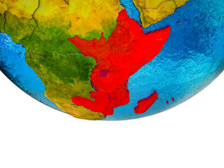 East Africa on 3D Earth with divided countries and watery oceans.
