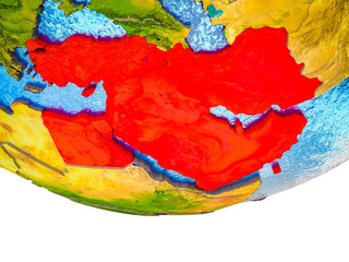 Middle East on 3D Earth with divided countries and watery oceans.