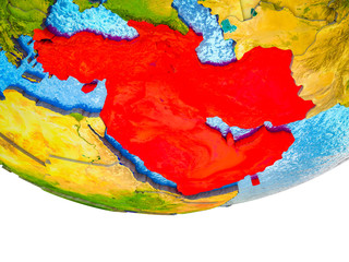 Western Asia on 3D Earth with divided countries and watery oceans.