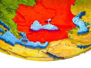 Black Sea Region on 3D Earth with divided countries and watery oceans.