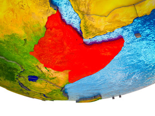 Horn of Africa on 3D Earth with divided countries and watery oceans.