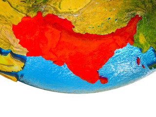 South Asia on 3D Earth with divided countries and watery oceans.