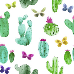 Seamless pattern of watercolor cactus and butterfly, illustration on white background. Natural watercolor design elements, botanical collection. Design for textile, fabric, print, wrapping, paper. © Anastasia