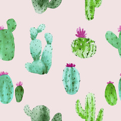 Pattern of watercolor cactus, succulent, illustration on pink background. Natural watercolor design elements, botanical collection. Design for textile, fabric, print, wrapping, paper.Seamless pattern