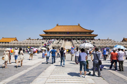 Tourists visiting the famous Forbidden City in Beijing, China