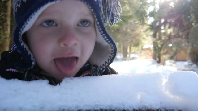 Little child girl licking eating snow in winter forest not afraid of sick
