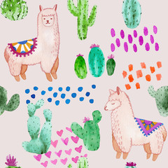 Seamless pattern. Llama and alpaca collection of cute hand drawn watercolor illustrations, cards and design for nursery design, poster, greeting card. Llamas or alpacas clip-art. Cute animals art.