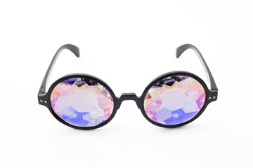 Glasses kaleidoscopes hologram white background isolated. Top view.