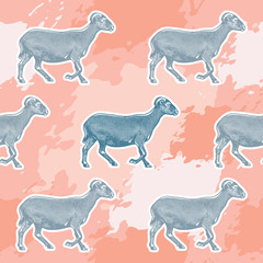 Flock of goats - vector seamless pattern. Background of a farm animals herd. Graphic illustration in pastel colors is a sample of design element and pattern for wallpaper or fabric.