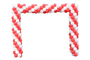 Rectangular arch of balls. A bunch of red and white balloons in the shape of a column isolated on white background. 