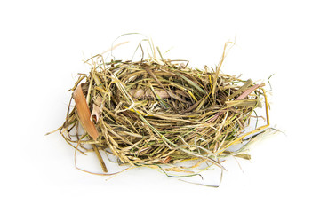 Bird's nest From grass dry and straw or natural material isolated on white background.