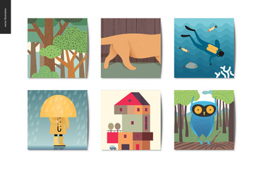 Simple things - cards - flat cartoon vector illustration of forest, kitten tail, scuba diver, sea, ocean, kid in rain, raincoat umbrella, countryside house, owl in woods - summer postcards composition