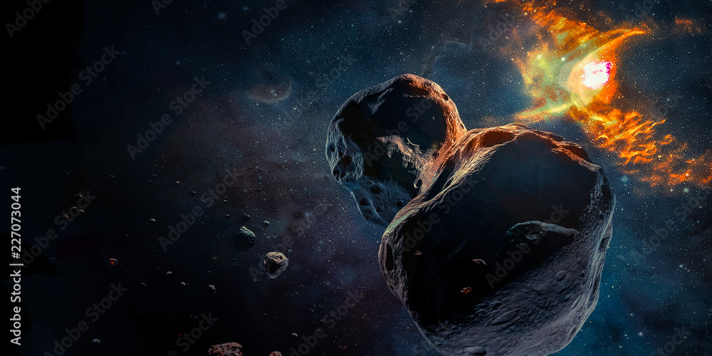 Poster meteorites in a deep space, science fiction fantasy in high resolution. galaxy and flame of explodin