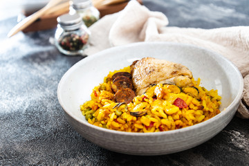 Prawn with rice - closeup of prawn with rice - traditionnal spanish food paella