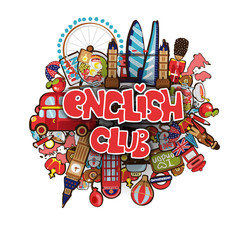 English club educational concept. English club phrase on cartoon doodle objects in London theme - big ben, London Tower, Guard, Bus, and other English London elements. English club fun cartoon vector